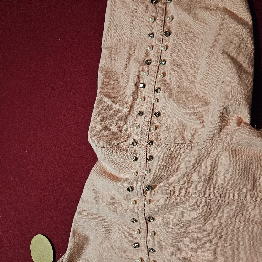 BiBi blush pearl/bling distressed denim jacket. Size small - Picture 7 of 7